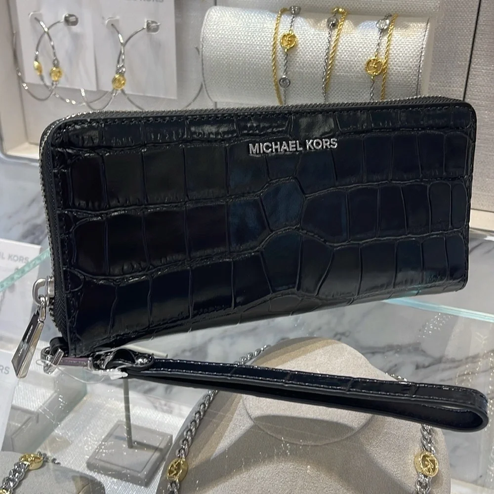 Michael Kors JtSet Travel Metallic Crocodile Embossed Leather Continental Wallet